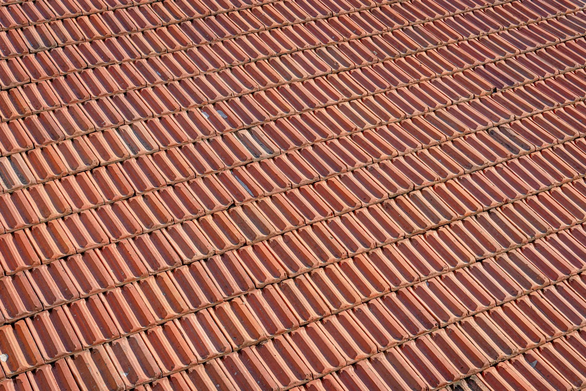 Red clay roof tiles in long even rows