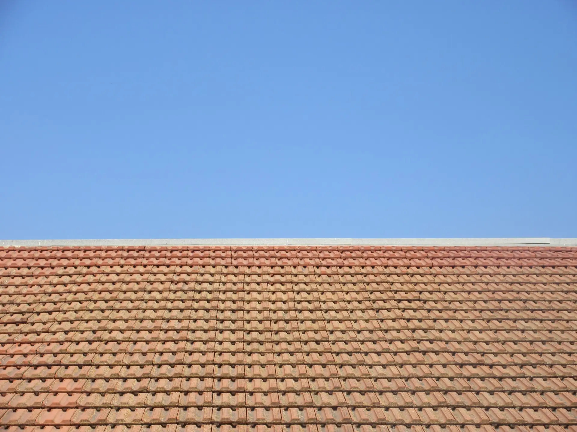 Tile roof line against a clear blue sky